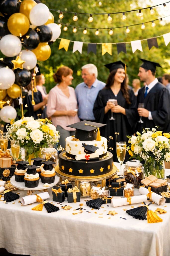 An outdoor graduation party setup with decorated tables, balloons, flowers, and guests celebrating.