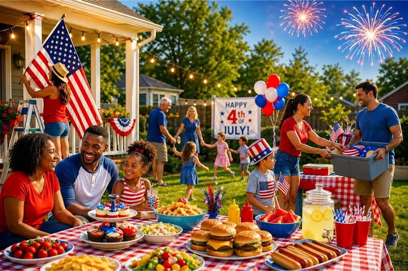 A cheerful outdoor 4th of July party with people setting up decorations and enjoying food in a backyard decorated with American flags and balloons.