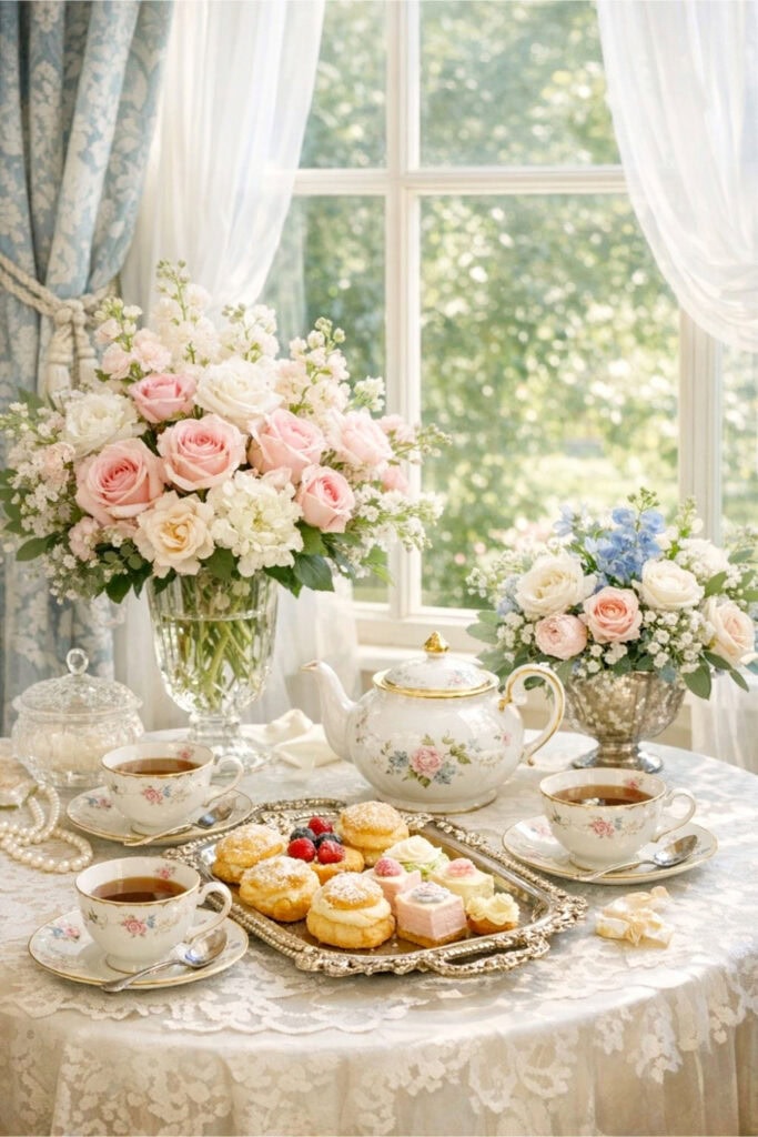 A tea table by a window decorated with fresh cascading flowers and set with teacups, a teapot, and trays of pastries.