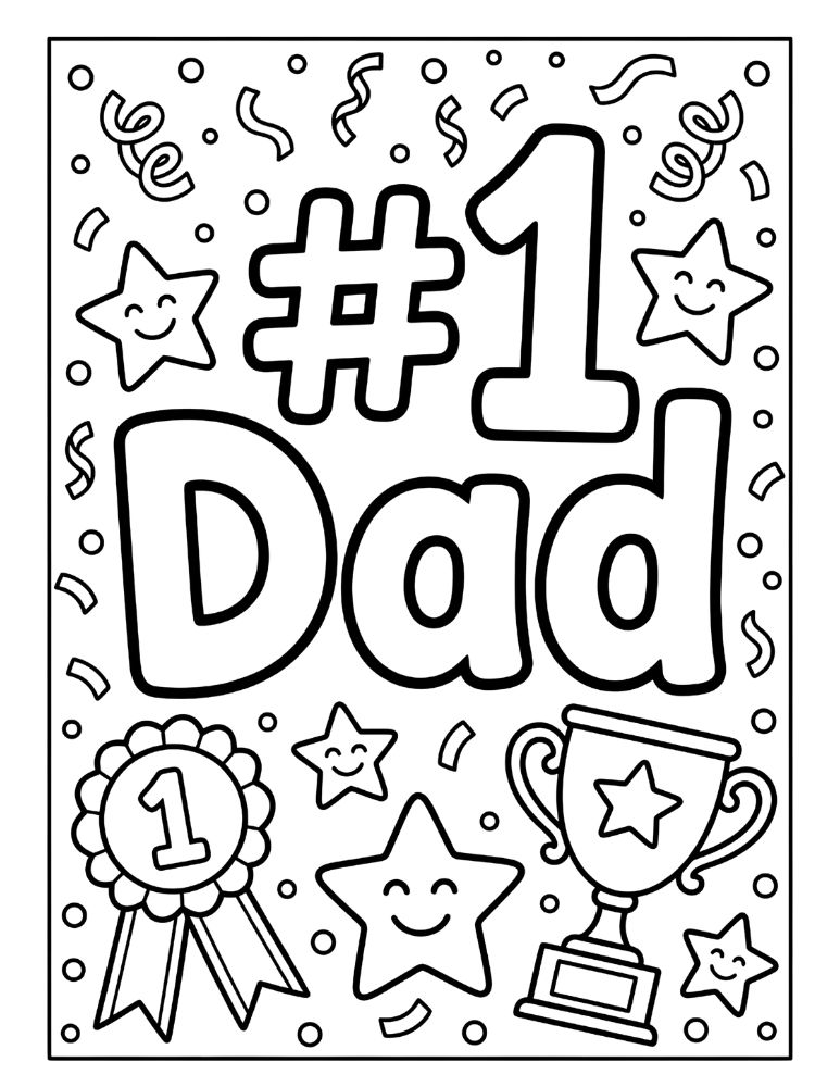 #1 Dad coloring page with trophy ribbon stars and confetti