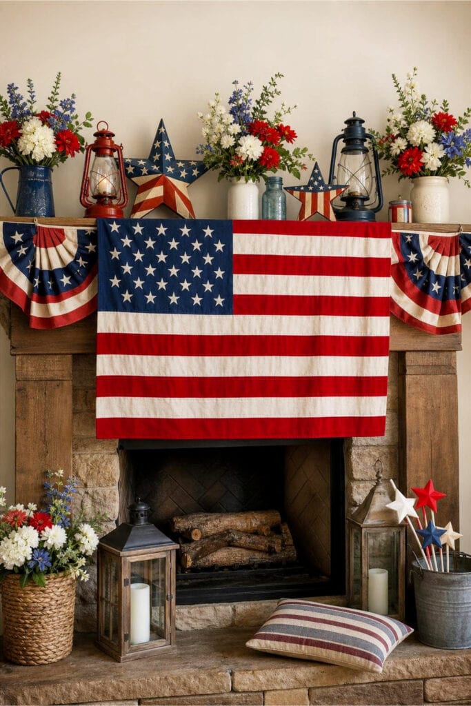 A mantel decorated with an American flag and patriotic red, white, and blue decorations for the 4th of July.