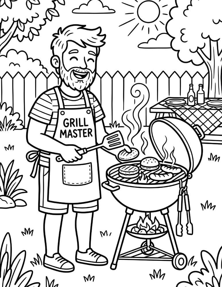 Dad grilling barbecue coloring page with burgers and apron