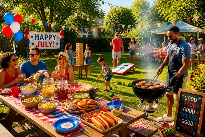 People enjoying a backyard BBQ and lawn games party on a sunny summer day with food, drinks, and outdoor activities.