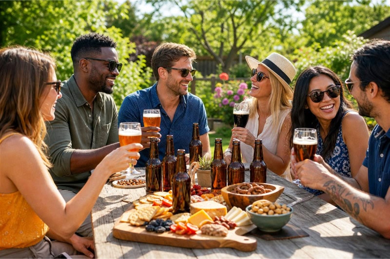 People enjoying a backyard beer tasting party on a sunny day with a table of craft beers and snacks.