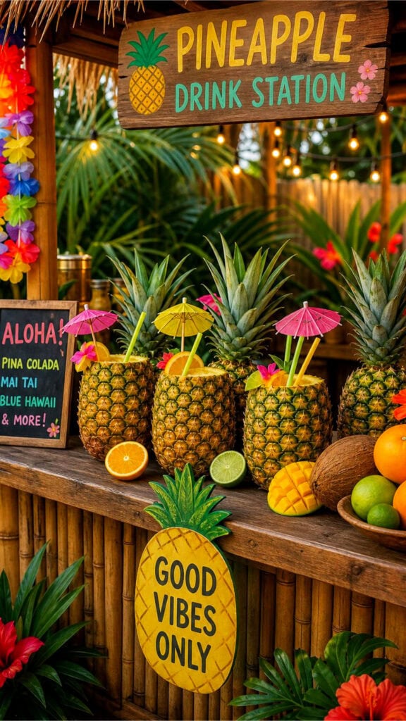 A backyard tiki bar with a pineapple drink station surrounded by tropical fruits and decorations.