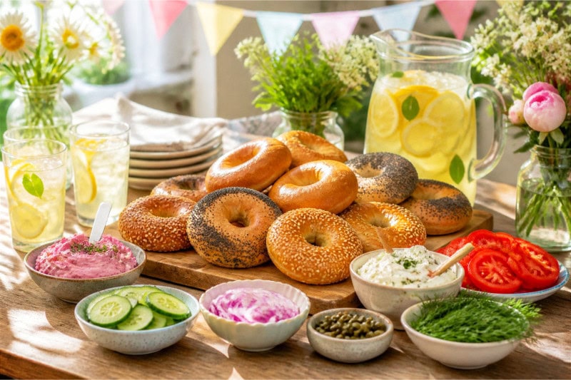 A wooden table set with assorted bagels, cream cheese spreads, fresh vegetables, and a pitcher of iced lemonade with glasses, decorated for a summer party.