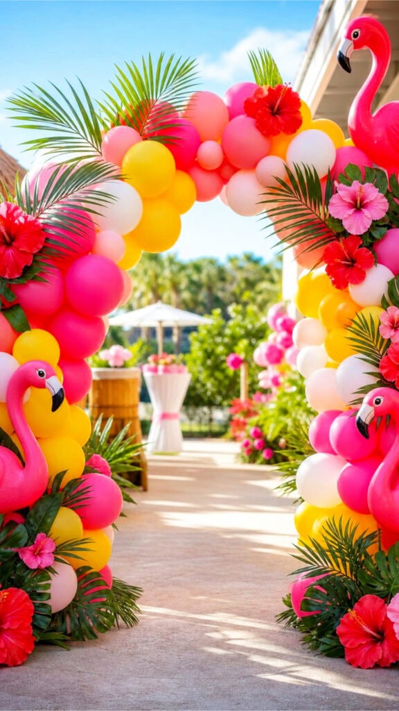A colorful balloon arch decorated with palm leaves, pink flamingos, and hibiscus flowers at an outdoor party entrance.