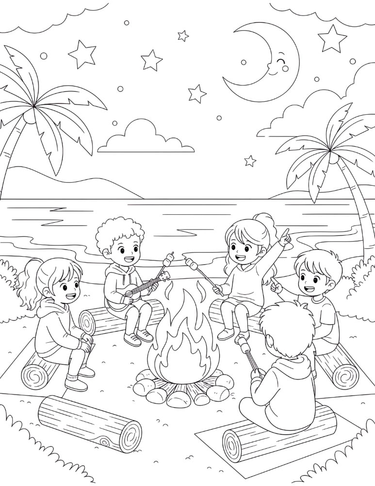 Group of friends sitting around a beach bonfire at night in a fun beach coloring page for kids.