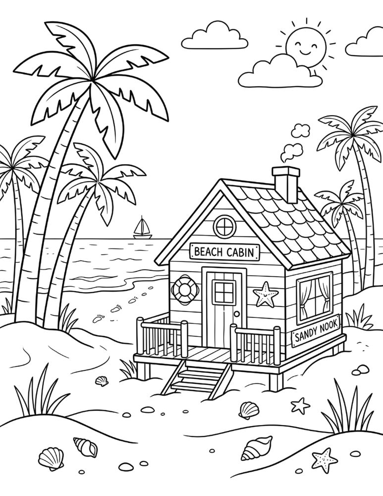Charming beach cabin near sandy dunes with palm trees, seashells, and an ocean view in a coloring page.