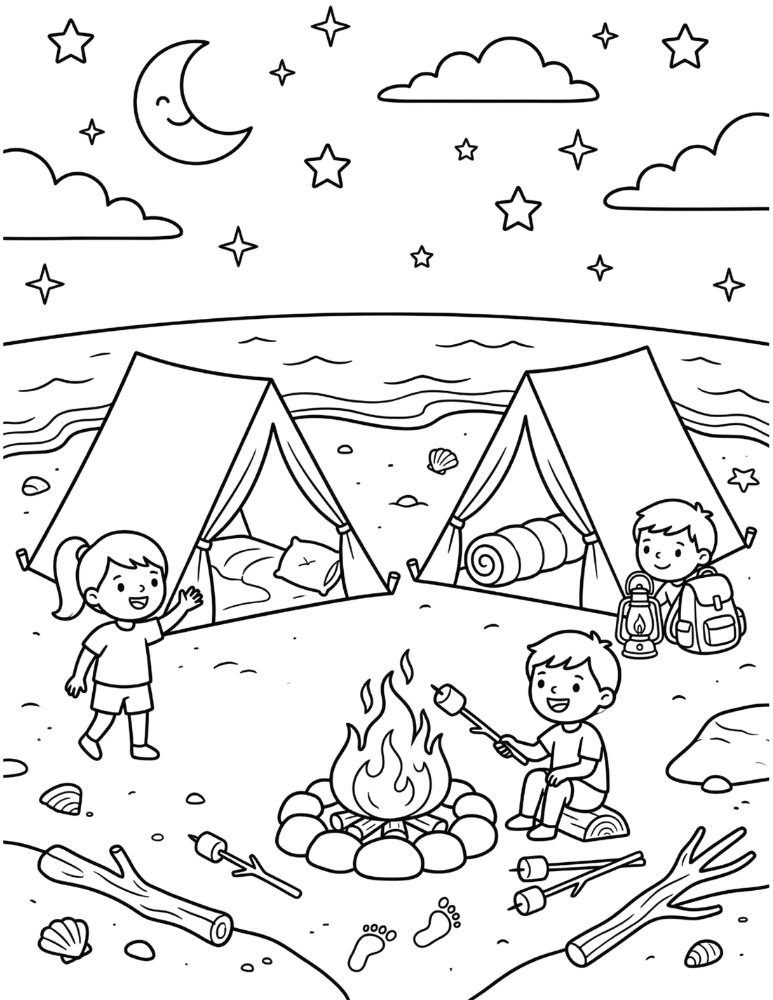 Children camping on the beach beside tents and a campfire with ocean waves and a starry sky in a coloring page.