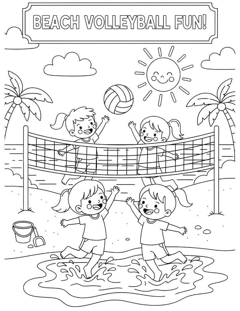 Kids playing beach volleyball near ocean waves in a fun and easy beach coloring page for children.