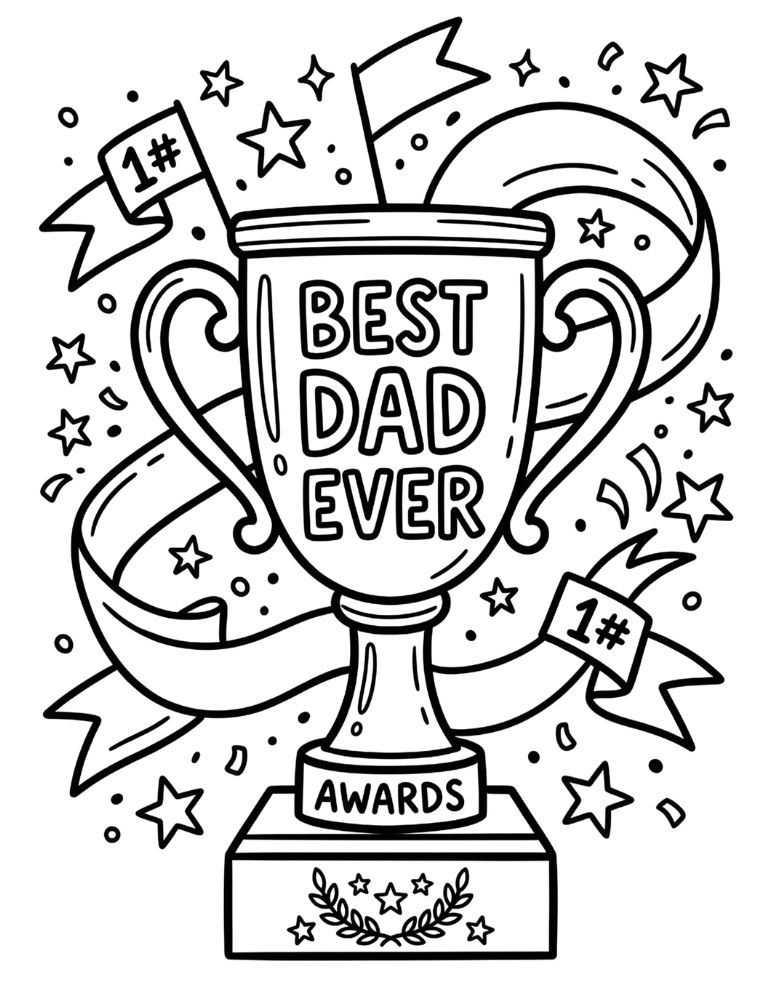 Best Dad Ever trophy coloring page with ribbons and stars