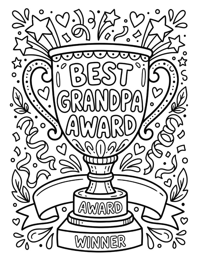 Best Grandpa Award coloring page with trophy ribbons and stars
