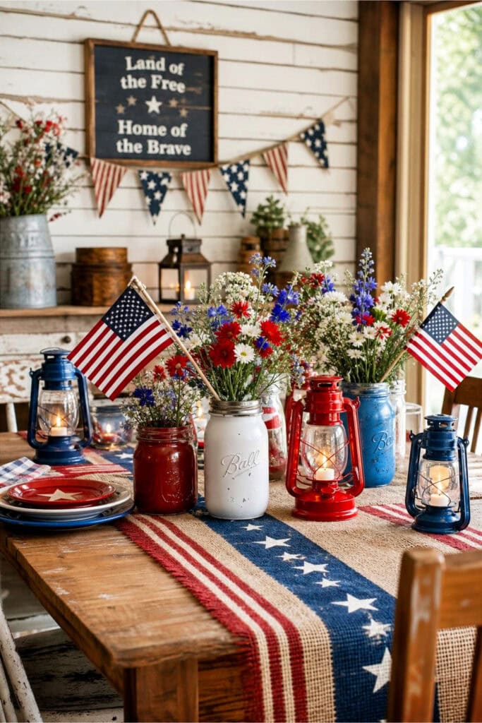 A farmhouse interior with a wooden table decorated with red, white, and blue patriotic items and small American flags.