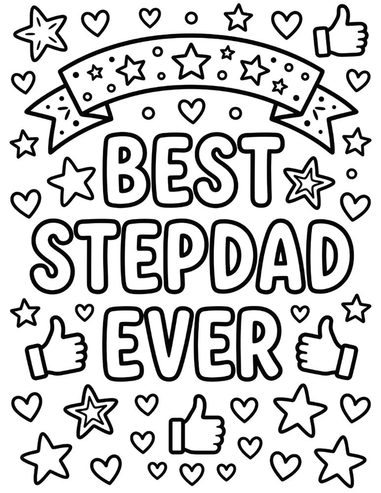 Best Stepdad Ever coloring page with stars hearts banner and thumbs up icons