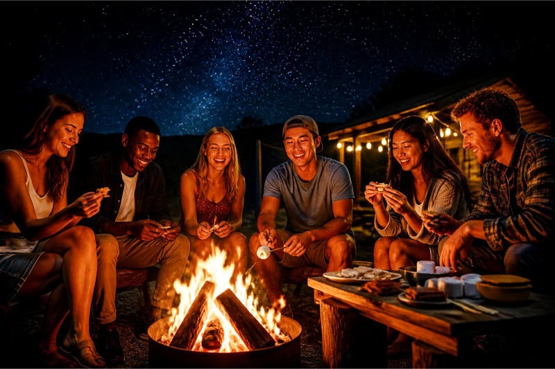 A group of friends sitting around a campfire at night, roasting marshmallows and making s'mores under a starry sky.