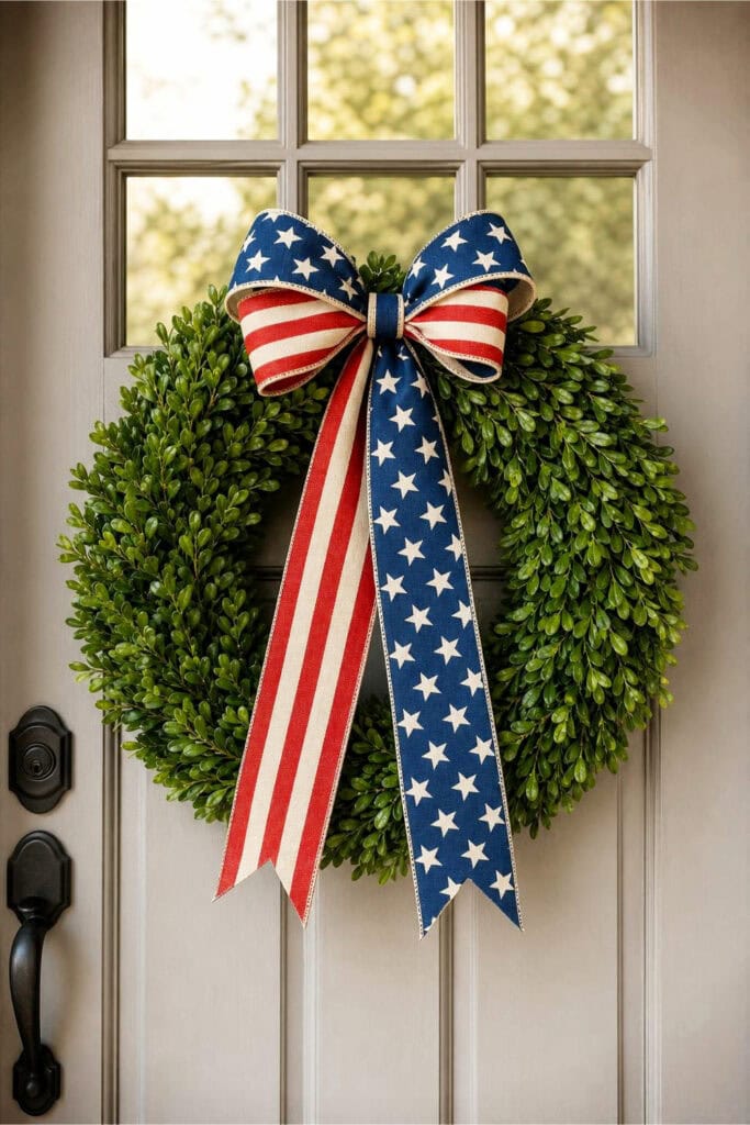 A green boxwood wreath tied with a red, white, and blue star-spangled ribbon hanging on a front door.