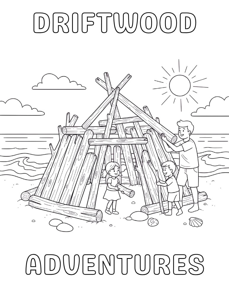 Family building a driftwood fort on the beach in a minimalist summer coloring page.