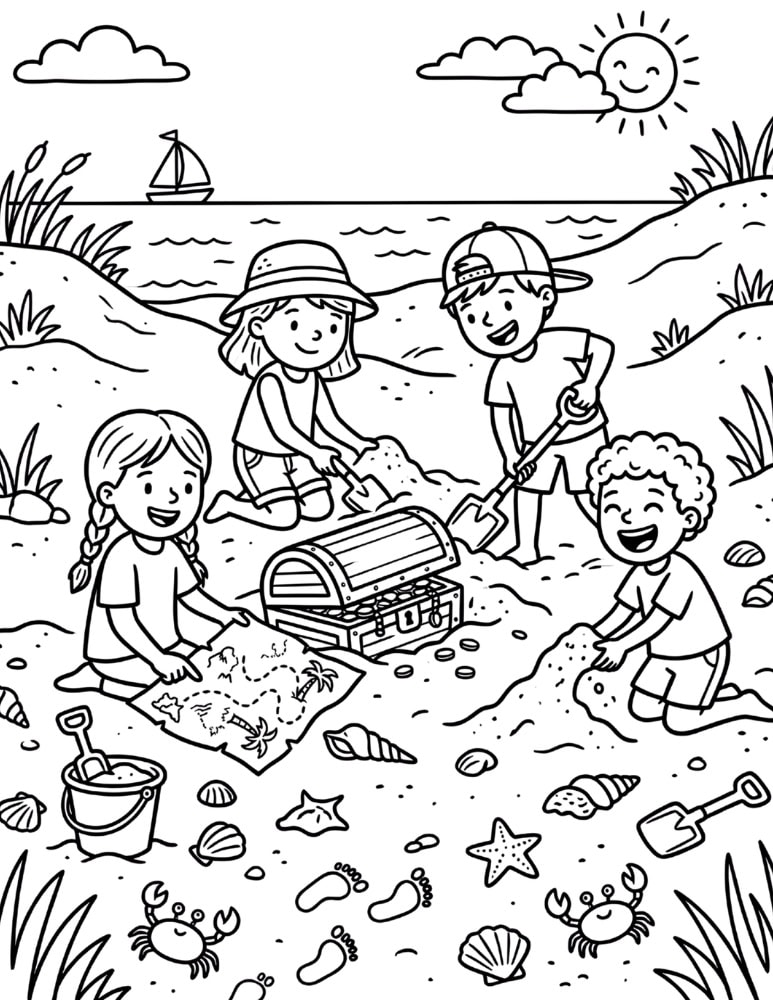 Kids digging for buried treasure on the beach in a fun doodle-style coloring page.