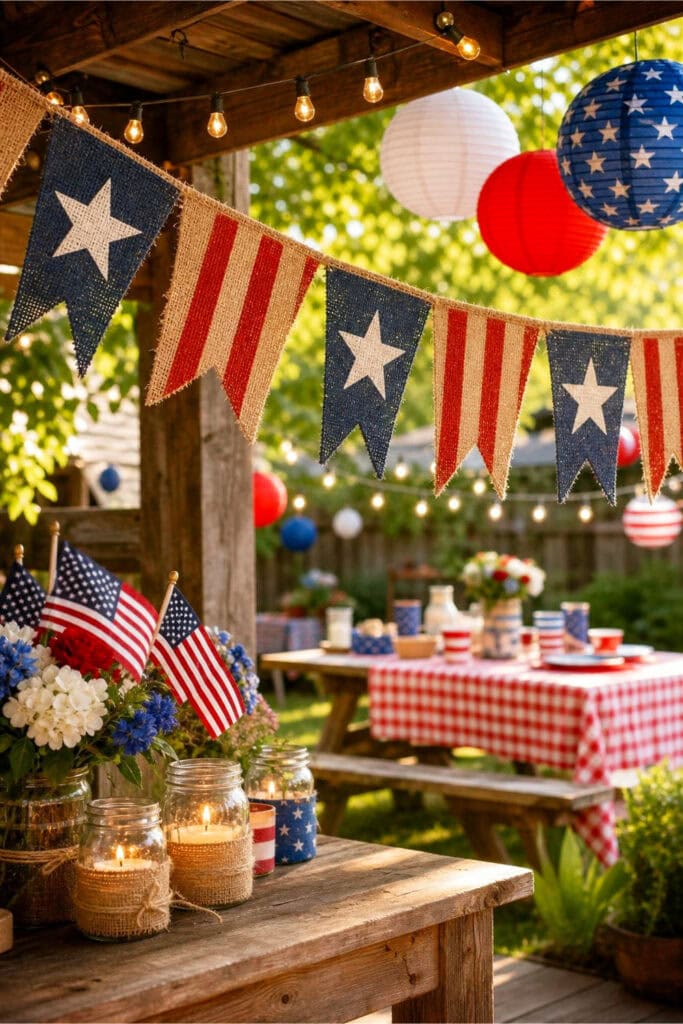 A burlap flag banner decorated with red, white, and blue stars and stripes hanging outdoors with festive 4th of July party decorations and picnic tables in the background.
