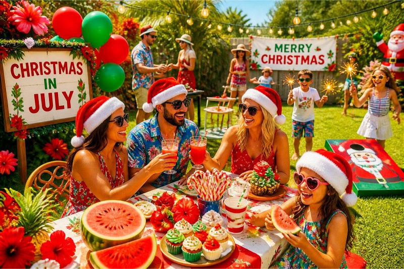People enjoying a festive outdoor summer party with Christmas decorations and summer-themed foods under a sunny sky.