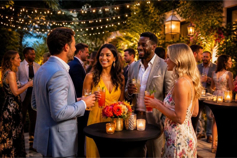 A group of well-dressed people enjoying drinks and socializing at an outdoor summer cocktail party with festive lighting and greenery.
