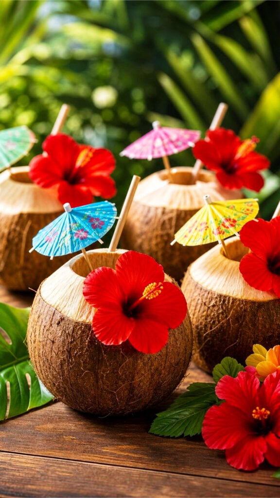 Coconut drink cups decorated with paper umbrellas and hibiscus flowers on a wooden table surrounded by tropical plants.