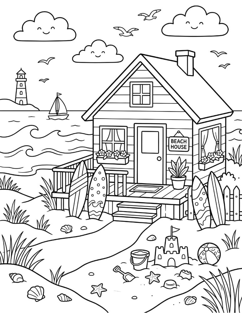 Cozy beach house near the ocean with surfboards, beach toys, seashells, and a sandy path in a coloring page.