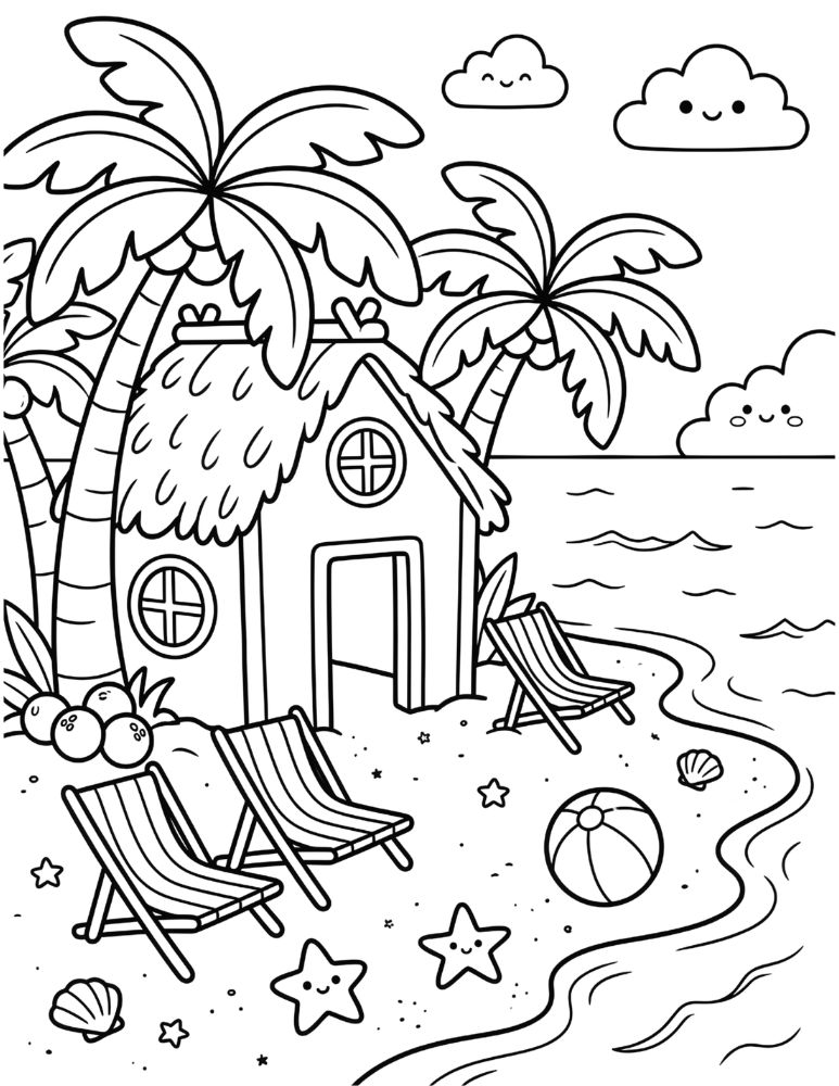 Cute tropical beach hut surrounded by palm leaves, beach chairs, and ocean waves in a children’s coloring page.