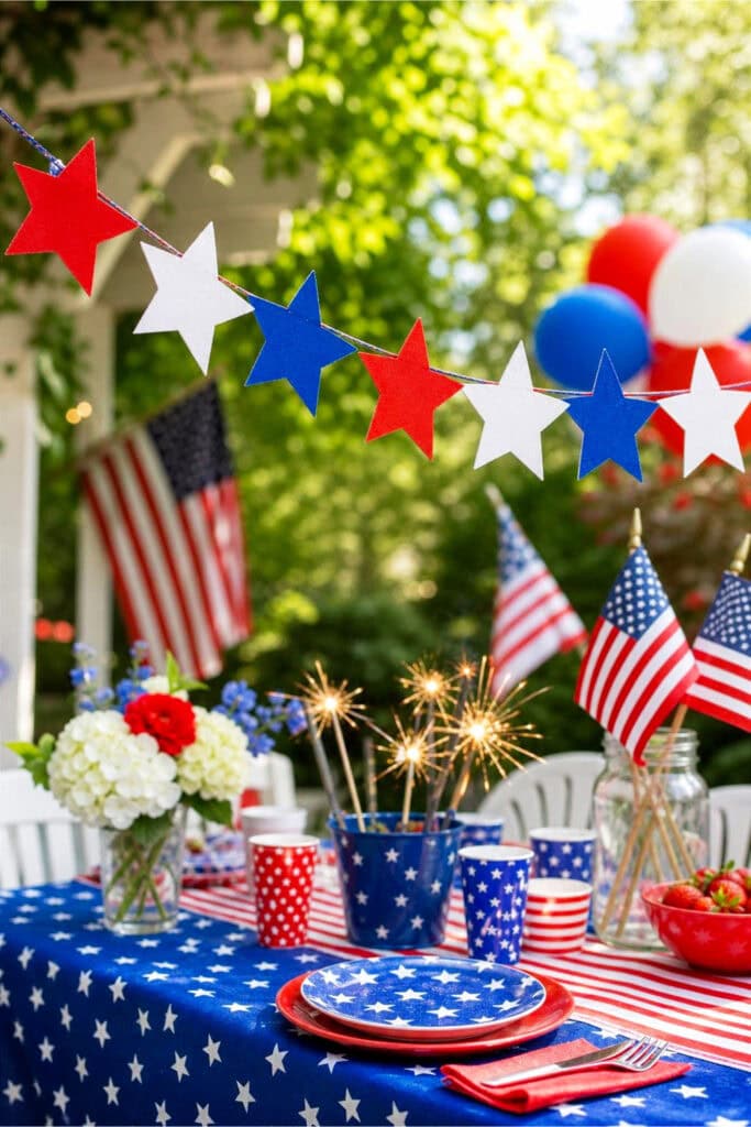 A 4th of July outdoor party scene with a red, white, and blue star garland hanging above a decorated picnic table.