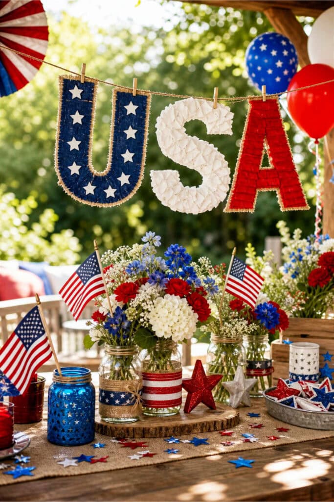 A decorated outdoor table with red, white, and blue 4th of July party decorations and a USA letter banner hanging in the background.