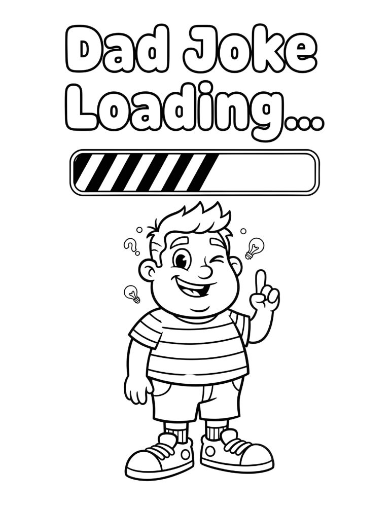 Dad Joke Loading funny coloring page with loading bar and cartoon dad face