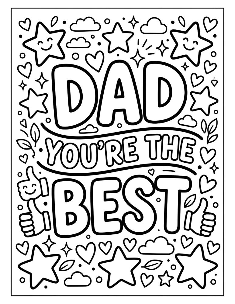 Dad You’re the Best coloring page with stars hearts and thumbs up icons