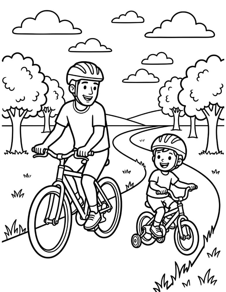 father and child riding bicycles together, coloring page with trees and clouds