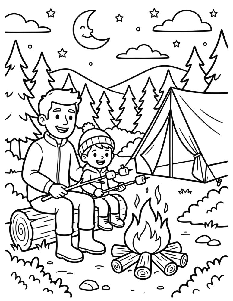 father and child camping coloring page with a tent, campfire, and marshmallows