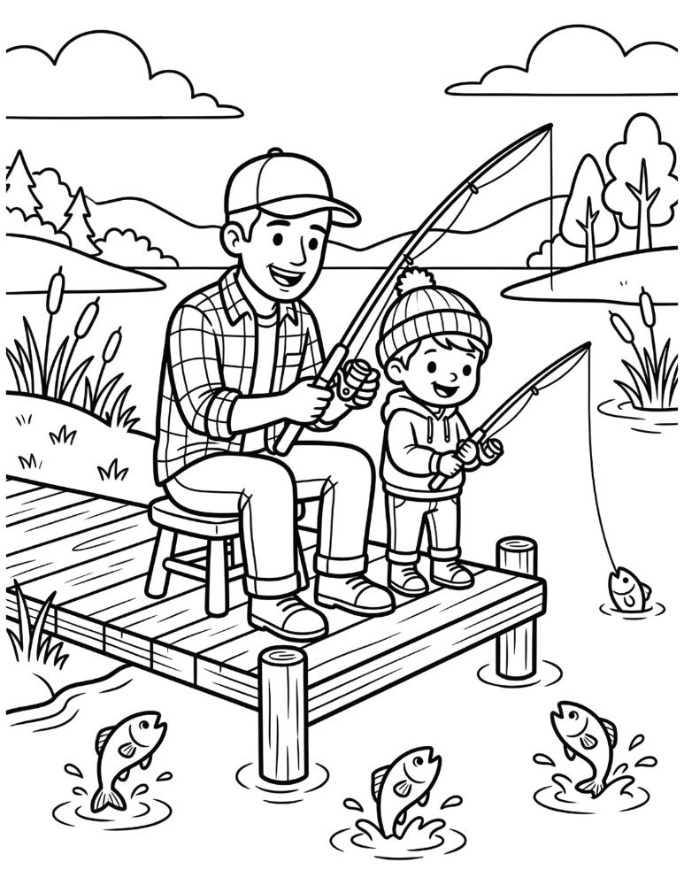 father and child fishing together coloring page with dock lake and fish