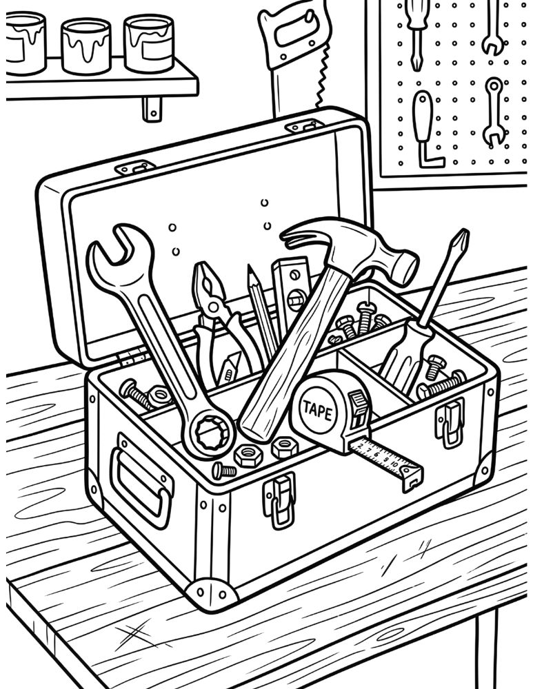 Dad's toolbox coloring page with hammer wrench screwdriver and tape measure