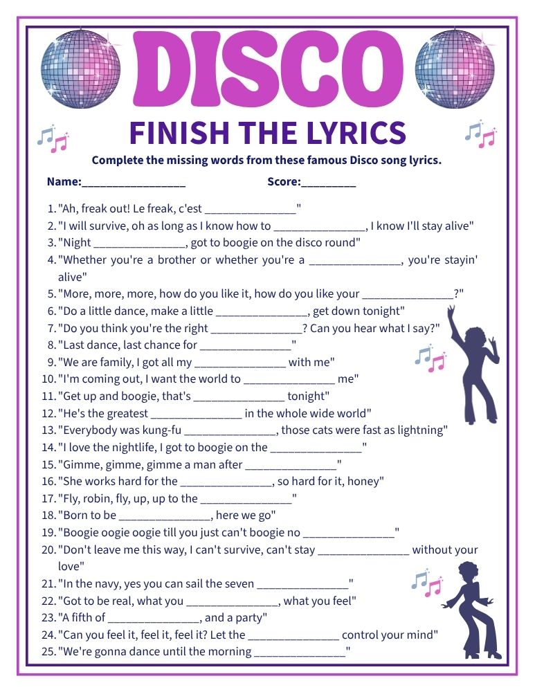 Free Printable Disco Finish the Lyrics Game