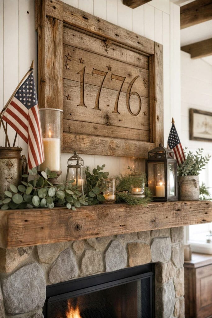 A farmhouse fireplace mantel decorated with a distressed wooden sign showing the year 1776 and patriotic decor including small American flags, lanterns, greenery, and candles.