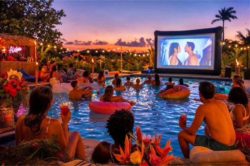 Outdoor summer party at dusk with people in a swimming pool watching a movie on a large inflatable screen surrounded by lights and tropical decorations.