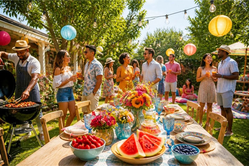 Outdoor summer party with people enjoying a decorated backyard under string lights on a sunny day.