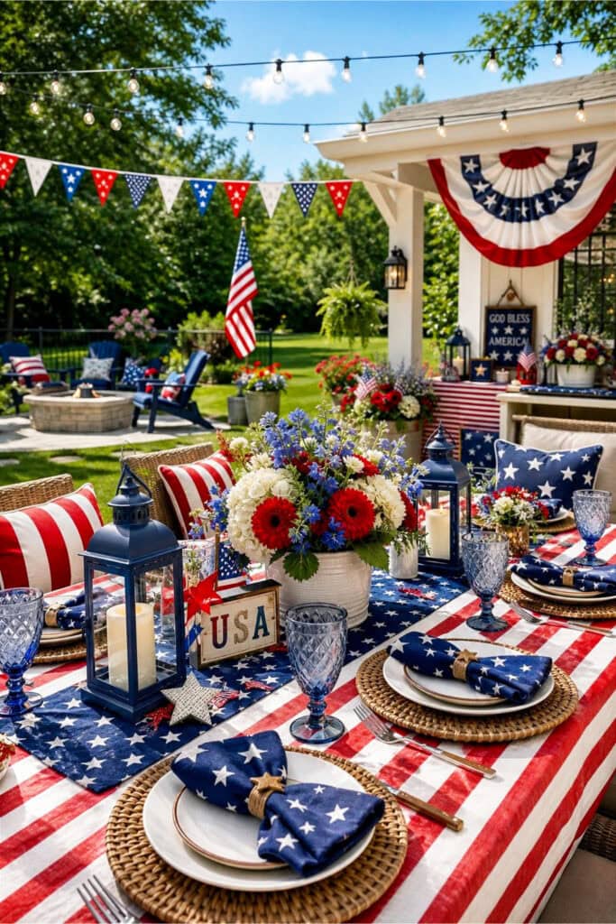 Outdoor 4th of July party setup with a decorated table featuring red, white, and blue decorations and festive accents.