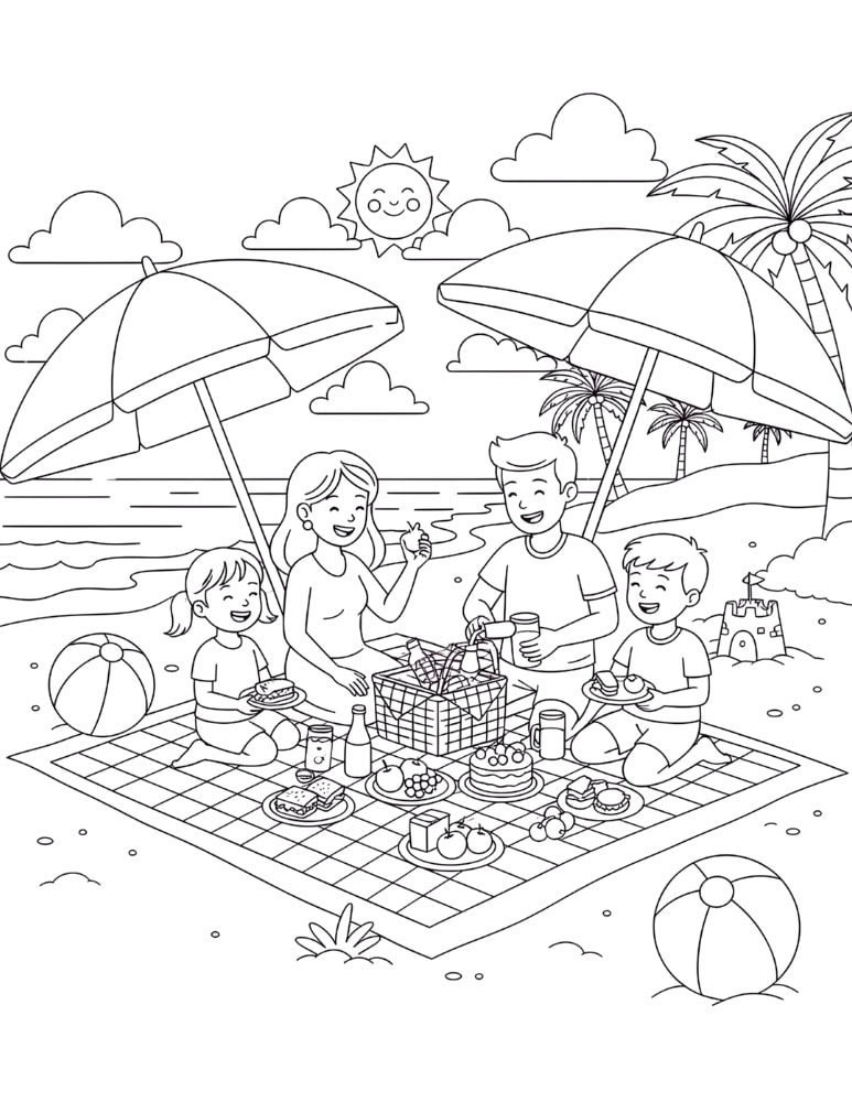 Family enjoying a beach picnic under umbrellas in a printable summer coloring page.