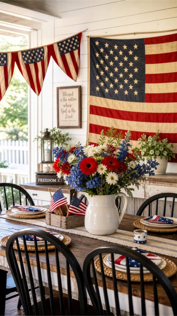 A farmhouse dining area decorated with red, white, and blue flowers, an American flag on the wall, and patriotic bunting banners.