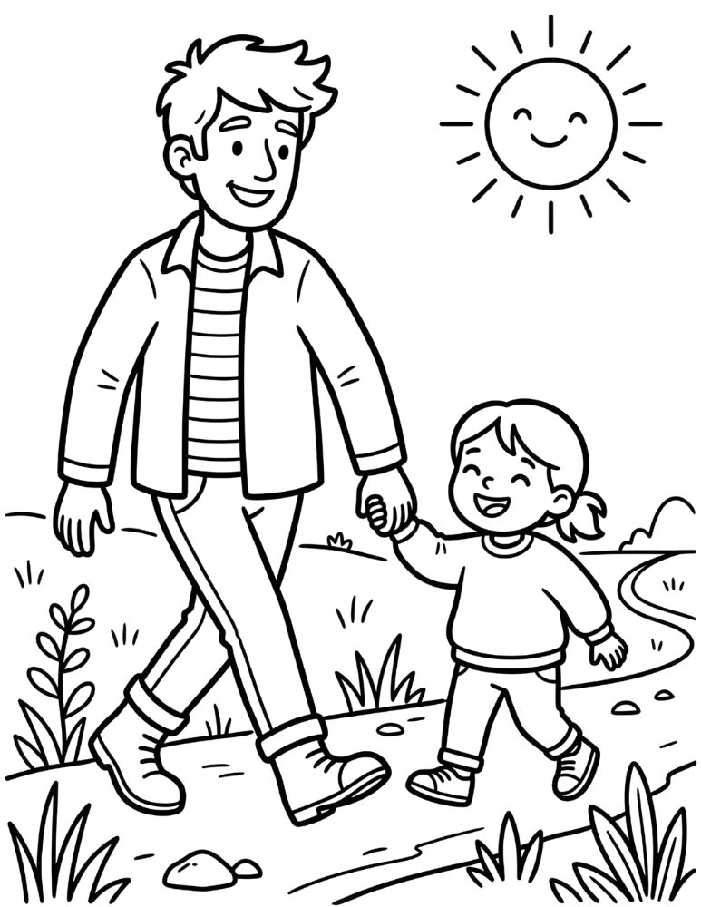 father and child holding hands walking outdoors simple coloring page