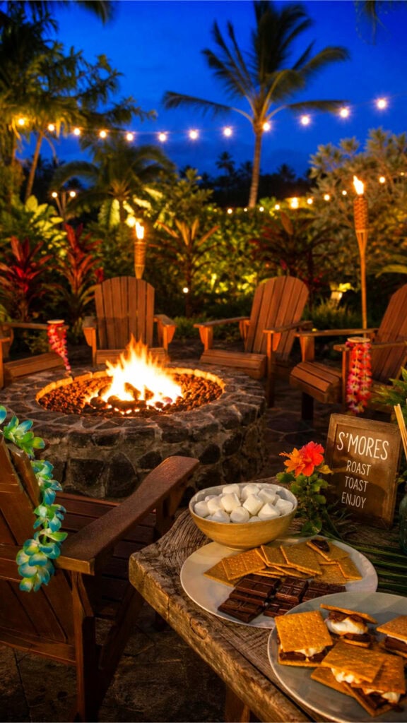 Outdoor fire pit with Adirondack chairs arranged around it, plates of s'mores on a table, and tropical plants in the background.