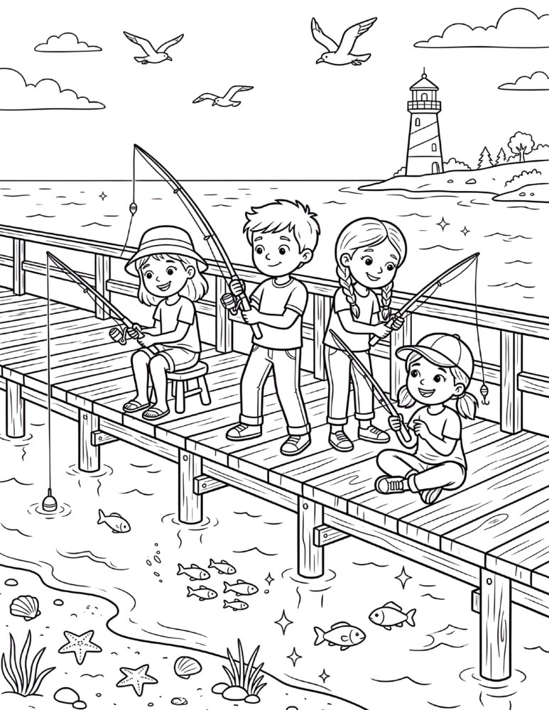 Children fishing from a seaside pier in a simple beach coloring page with ocean scenery.