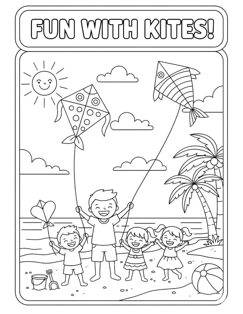 Family flying kites on the beach in a simple children’s coloring page with clear outlines and seaside scenery.