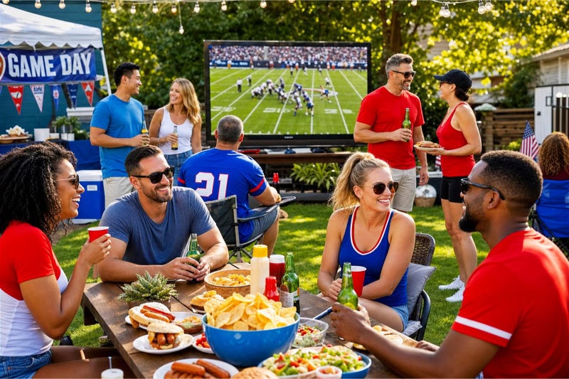 A group of people enjoying a summer football party outdoors with food, drinks, and a game on a big screen TV.