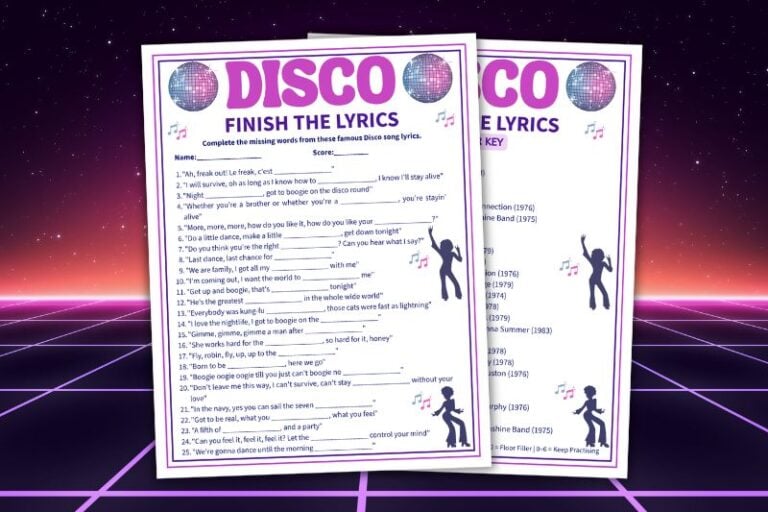 Free Printable Disco Finish the Lyrics Game Featured